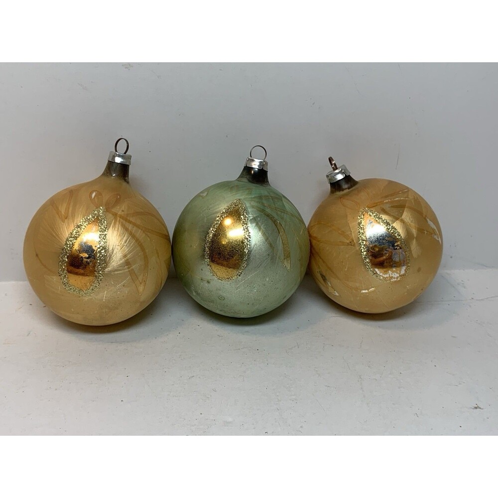 Christmas Ornament Lot Of 3 West Germany Holiday Tree Decorations Green Gold